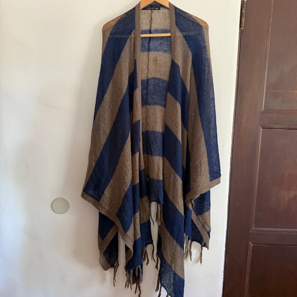 Patterson J. Kincaid | Wool / Mohair Blend Brown Navy Striped Shawl Wrap Sweater